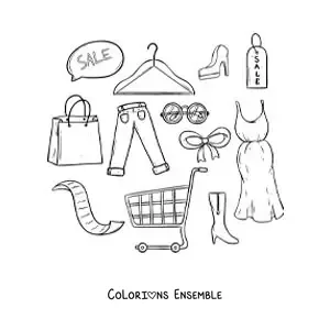 Image à colorier d’un caddie entouré de vêtements