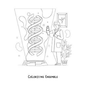 Image à colorier d'un scientifique dans un laboratoire de génétique