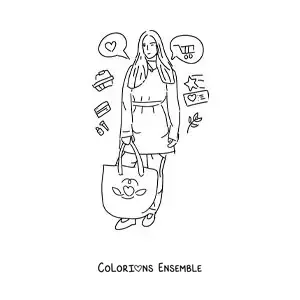 Image à colorier d’une fille qui fait du shopping avec son sac