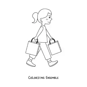 Image à colorier d’une fille qui marche avec deux sacs de courses