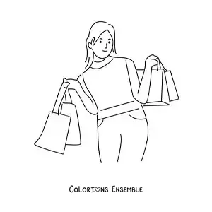 Image à colorier d’une fille avec beaucoup de sacs de courses