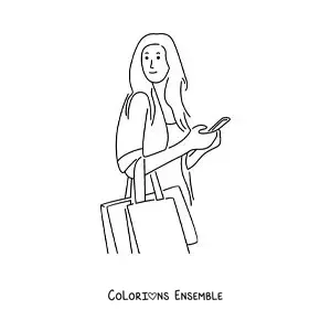Image à colorier d’une fille qui fait du shopping avec des sacs et son téléphone à la main