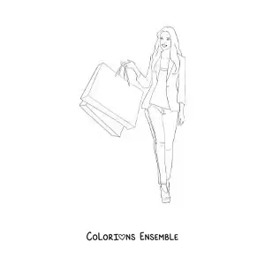 Image à colorier d’une jolie fille qui fait du shopping