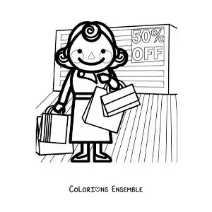Image à colorier d’une femme qui fait du shopping dans un magasin avec des soldes à moitié prix