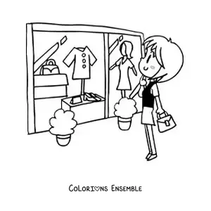 Image à colorier d’une femme qui fait du shopping en regardant la vitrine d’un magasin de vêtements