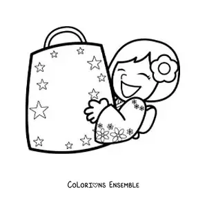 Image à colorier d’une fille japonaise heureuse avec son sac de courses