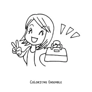 Image à colorier d’une femme en dessin animé, heureuse d’acheter un nouveau sac à main