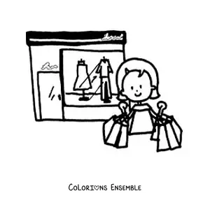 Image à colorier d’une femme qui fait du shopping devant un magasin de vêtements avec des sacs