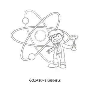 Image à colorier d'Albert Einstein animé à côté d'un atome