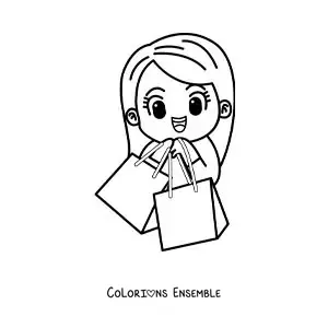 Image à colorier d’une fille kawaii qui fait du shopping