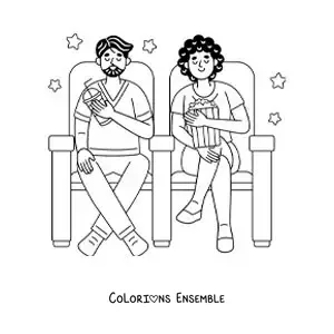 Image à colorier d’une fille et d’un garçon avec du popcorn au cinéma