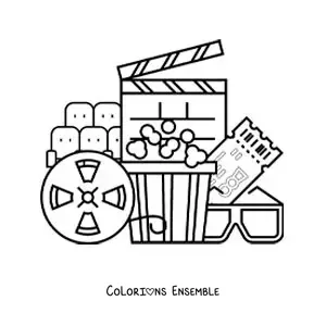 Image à colorier de popcorn, de lunettes, d’un billet et d’autres objets de cinéma