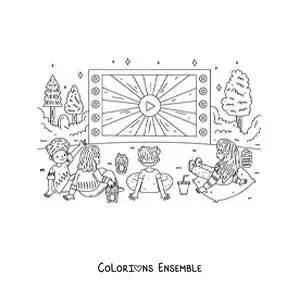 Image à colorier d’enfants qui regardent une projection en plein air