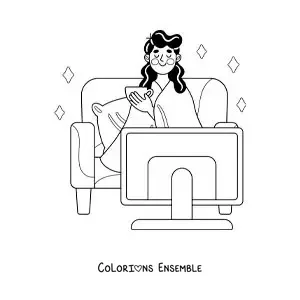 Image à colorier d’une fille sous une couverture qui regarde des films à la maison