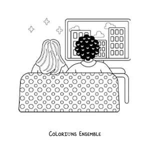 Image à colorier d’un couple qui regarde des films à la maison
