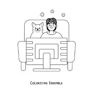 Image à colorier d’un garçon et de son chien qui regardent des films à la maison