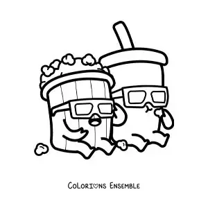 Image à colorier de popcorn et d’un soda de cinéma animés kawaii