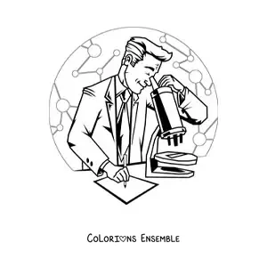 Image à colorier d'un scientifique regardant dans un microscope