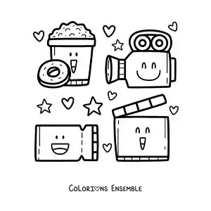 Image à colorier d’un projecteur, d’une caméra, de popcorn et d’autres objets de cinéma animés