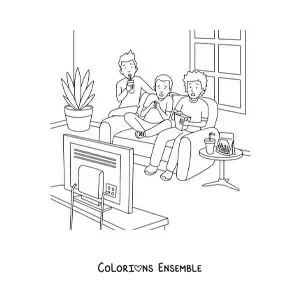 Image à colorier de trois enfants qui regardent un film d’horreur à la maison