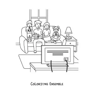 Image à colorier d’une famille avec des enfants qui regardent un film à la maison