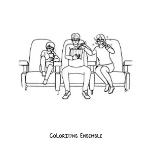 Image à colorier d’une maman, d’un papa et de leur fils qui regardent un film au cinéma
