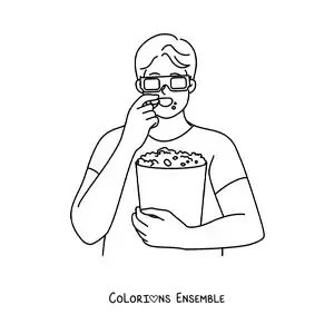 Image à colorier d’un garçon avec des lunettes 3D qui mange du popcorn