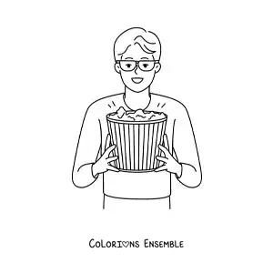 Image à colorier d’un garçon avec du popcorn de cinéma