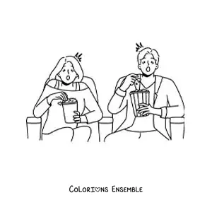 Image à colorier d’un couple qui regarde un film d’horreur au cinéma
