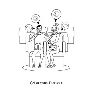 Image à colorier d’un couple qui regarde un film lors d’un rendez-vous au cinéma