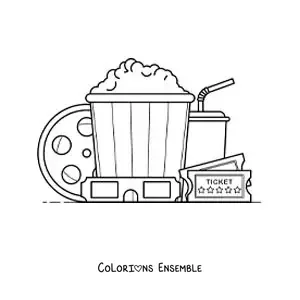 Image à colorier de tickets, de popcorn, d’une pellicule, de lunettes 3D et d’autres objets de cinéma