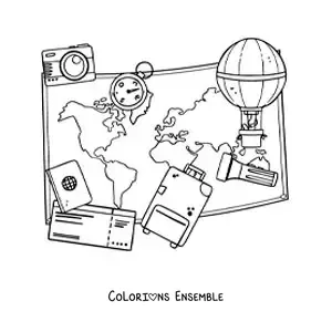 Image à colorier d’une carte, d’une valise, de billets et d’autres objets de voyage