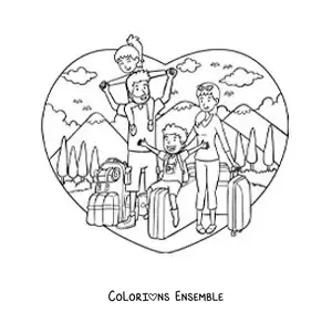 Image à colorier d’une famille avec des enfants et des valises de voyage dans la nature