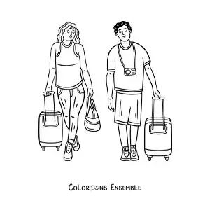 Image à colorier d’un couple de voyageurs avec des valises