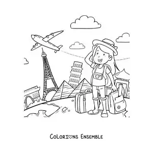 Image à colorier d’une fille touriste avec ses valises de voyage à travers le monde