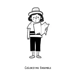 Image à colorier d’une fille touriste en dessin animé qui lit une carte