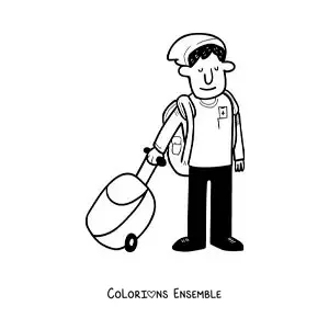 Image à colorier d’un garçon voyageur en dessin animé avec sa valise