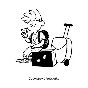 Image à colorier d’un garçon voyageur en dessin animé assis sur sa valise