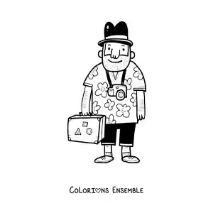 Image à colorier d’un touriste en dessin animé avec une chemise à fleurs, un appareil photo et une valise