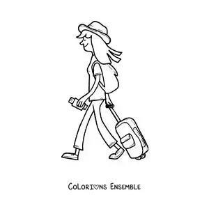 Image à colorier d’une fille en voyage qui marche avec ses bagages