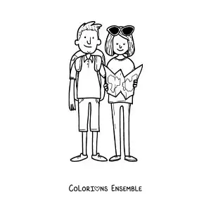 Image à colorier d’un couple de routards qui lisent une carte