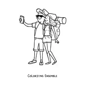 Image à colorier d’un couple de routards qui prennent un selfie