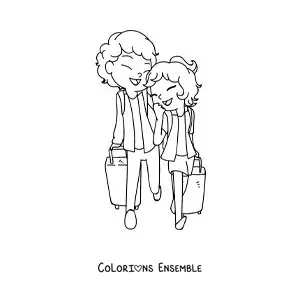 Image à colorier d’un couple kawaii en voyage avec des valises