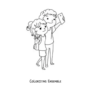 Image à colorier d’un couple kawaii de routards qui prennent un selfie