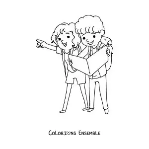 Image à colorier d’un couple kawaii de routards qui lisent une carte