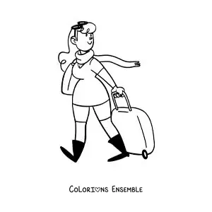Image à colorier d'une femme dessinée qui voyage avec sa valise et son écharpe