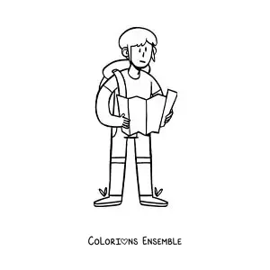 Image à colorier d'un routard dessiné en train de lire une carte