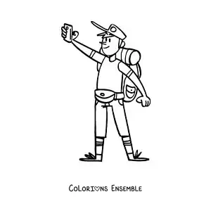 Image à colorier d'un routard dessiné en train de prendre un selfie