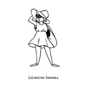 Image à colorier d'une fille touriste dessinée sur la plage avec des lunettes de soleil