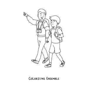 Image à colorier d'un papa touriste qui marche avec son fils